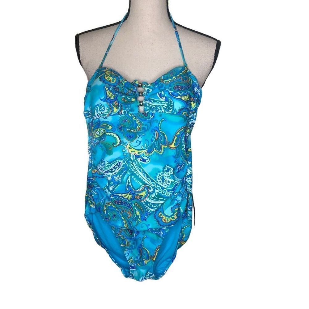 Lauren Ralph Lauren Aqua Blue Paisley Halter One Piece Swimsuit Size 4